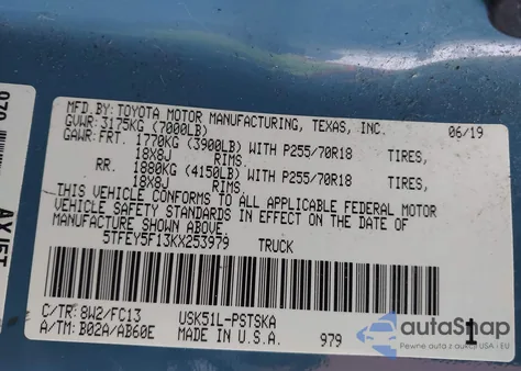 2019 Toyota Tundra Sr5 5.7L V8 z USA, uszkodzony, nr VIN 5TFEY5F13KX253979